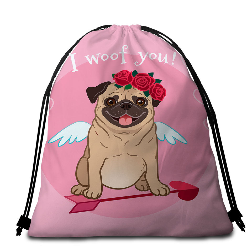 Pug Beach Towel Bags I Woof You_ Cute Romantic Pug