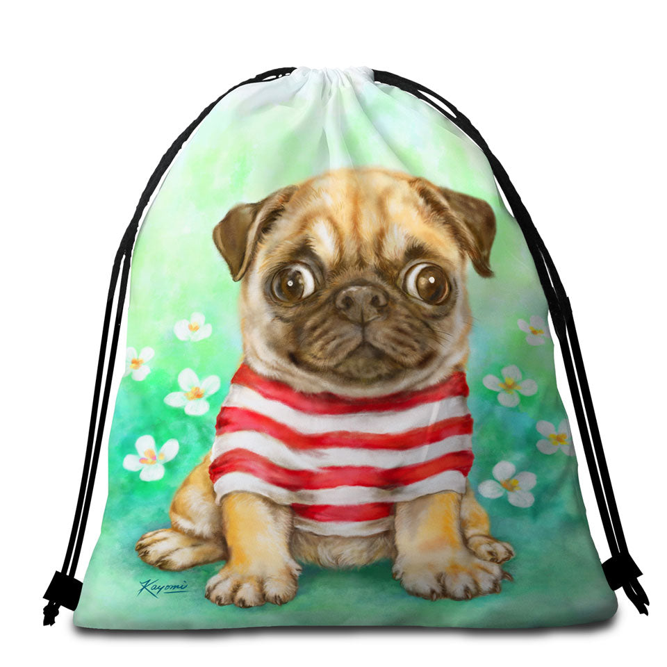 Pug Beach Towel Pack with Striped Cute Pug Dog in Daisy Flower Garden