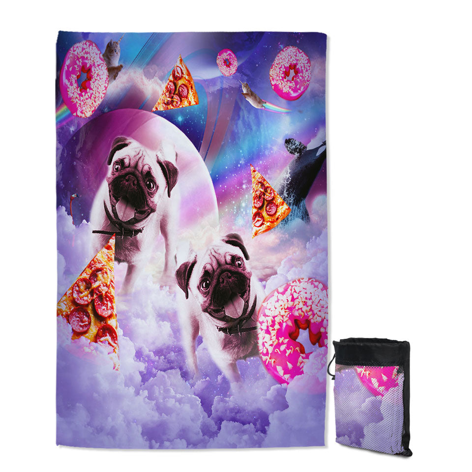 Pug Beach Towels Cute Pugs Dogs in the Pizza Donut Space