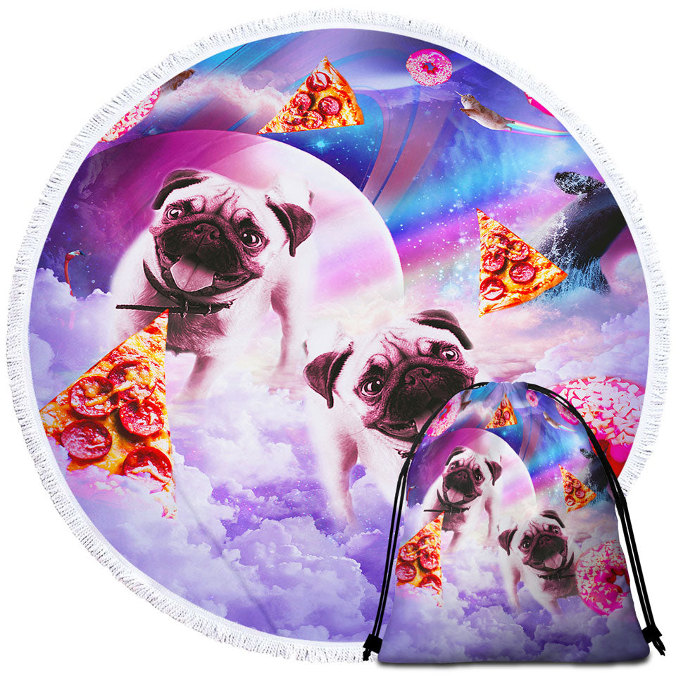 Pug Beach Towels and Bags Set Cute Pugs Dogs in the Pizza Donut Space