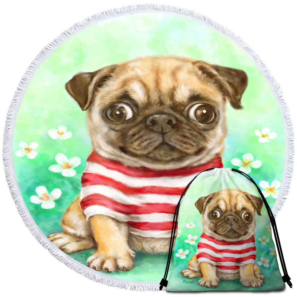 Pug Beach Towels with Striped Cute Pug Dog in Daisy Flower Garden