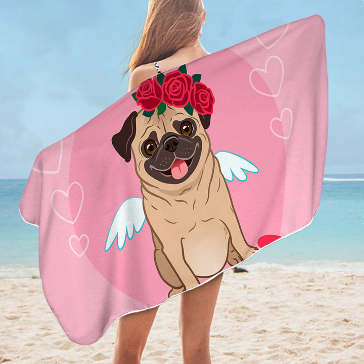 Pug Microfiber Beach Towel I Woof You_ Cute Romantic Pug