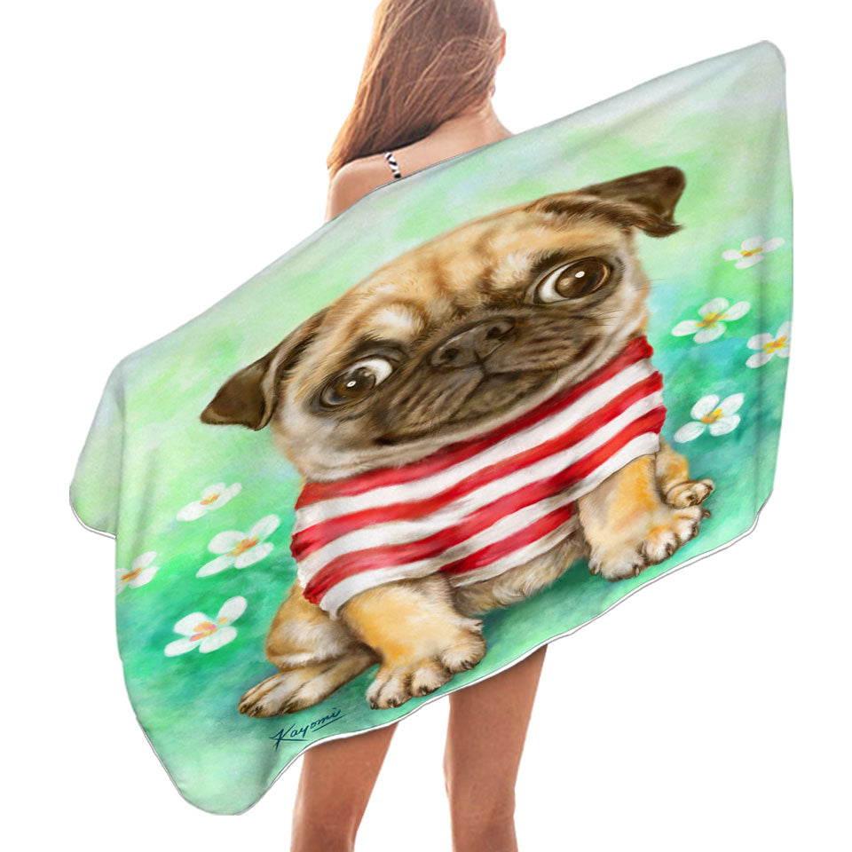 Pug Microfiber Beach Towel with Striped Cute Pug Dog in Daisy Flower Garden