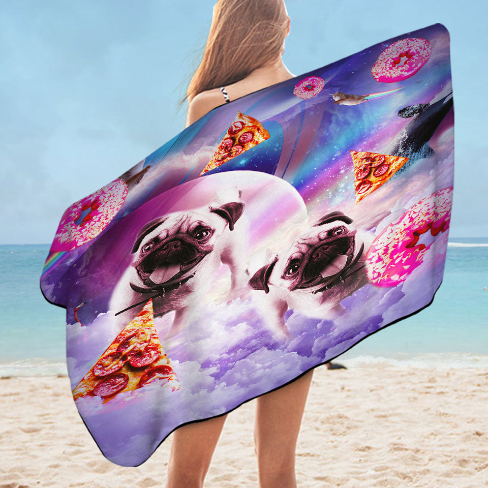 Pug Pool Towels Cute Pugs Dogs in the Pizza Donut Space