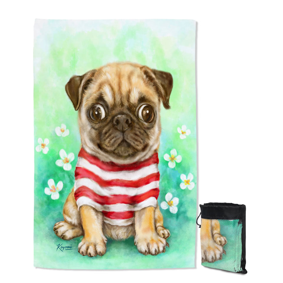 Pug Quick Dry Beach Towel with Striped Cute Pug Dog in Daisy Flower Garden