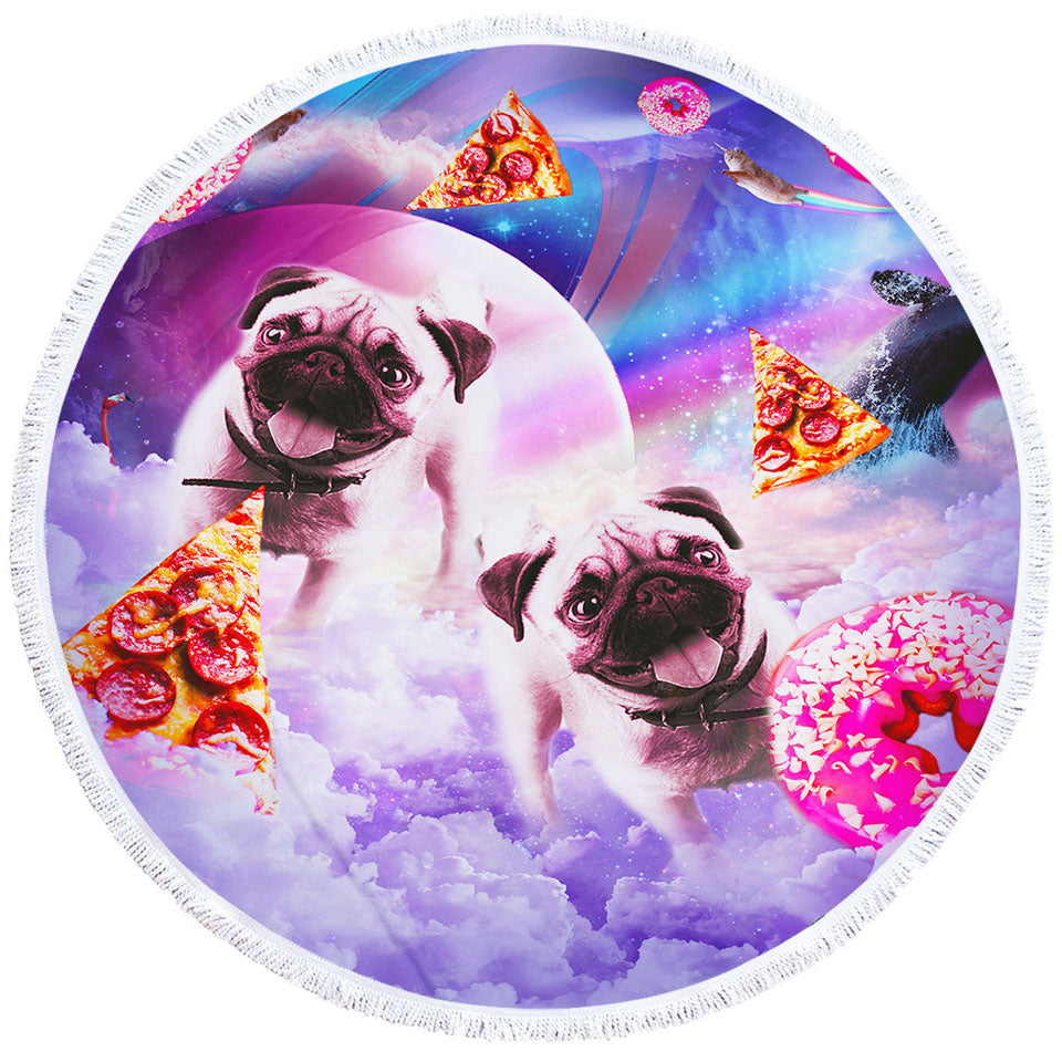 Pug Round Beach Towel Cute Pugs Dogs in the Pizza Donut Space