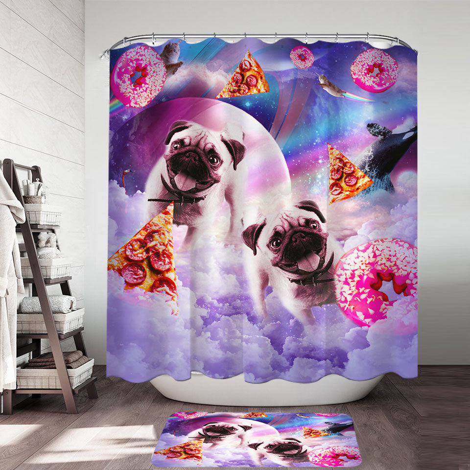 Pug Shower Curtain Cute Pugs Dogs in the Pizza Donut Space