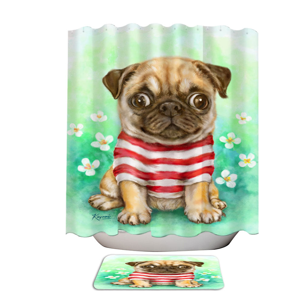 Pug Shower Curtain with Striped Cute Pug Dog in Daisy Flower Garden