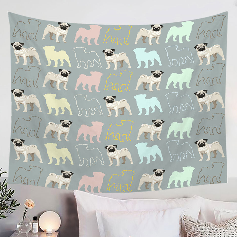 Pug Tapestries with Pugs Multi Colored Silhouettes