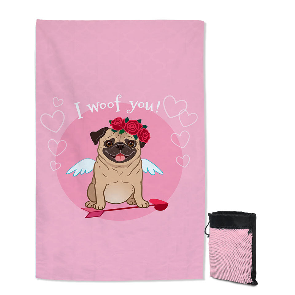 Pug Thin Beach Towels I Woof You_ Cute Romantic Pug
