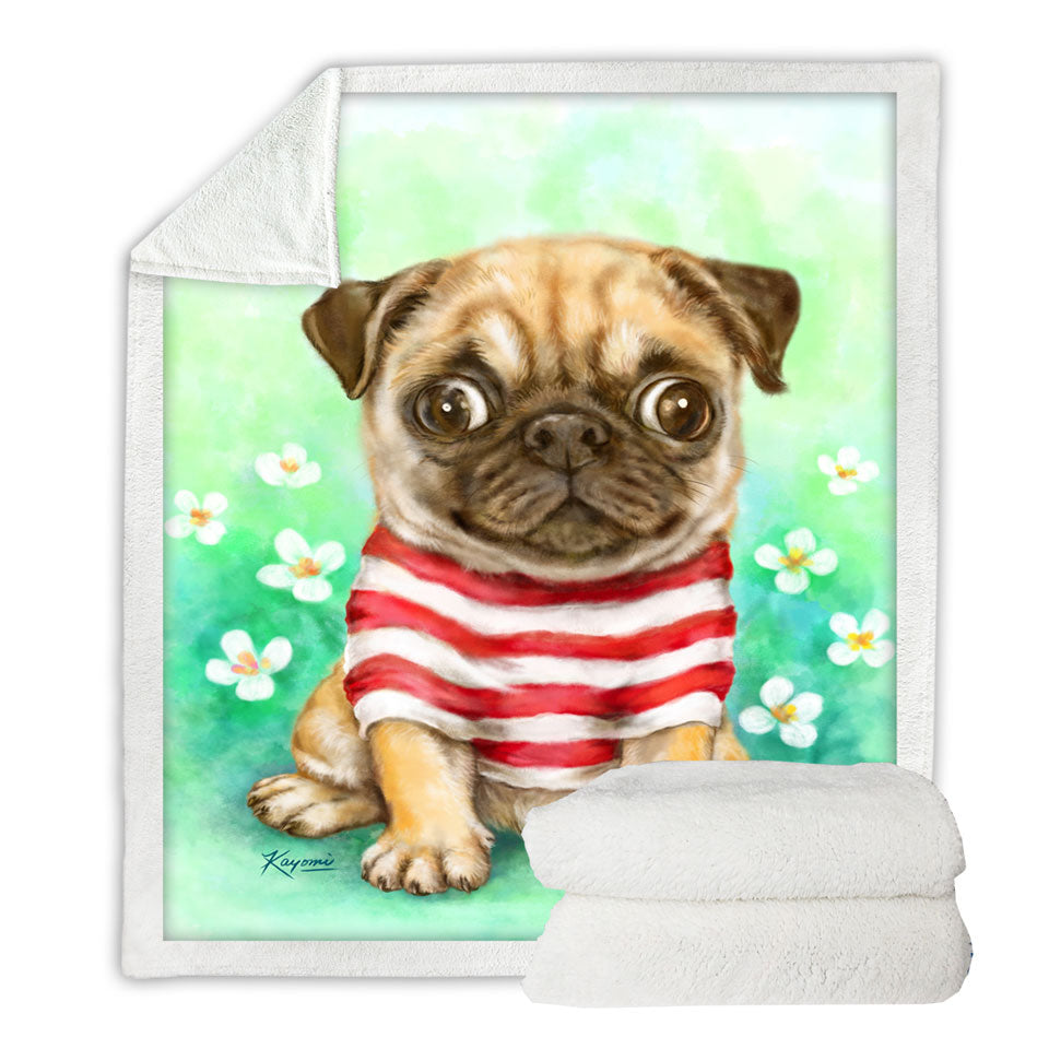 Pug Throw Blanket with Striped Cute Pug Dog in Daisy Flower Garden