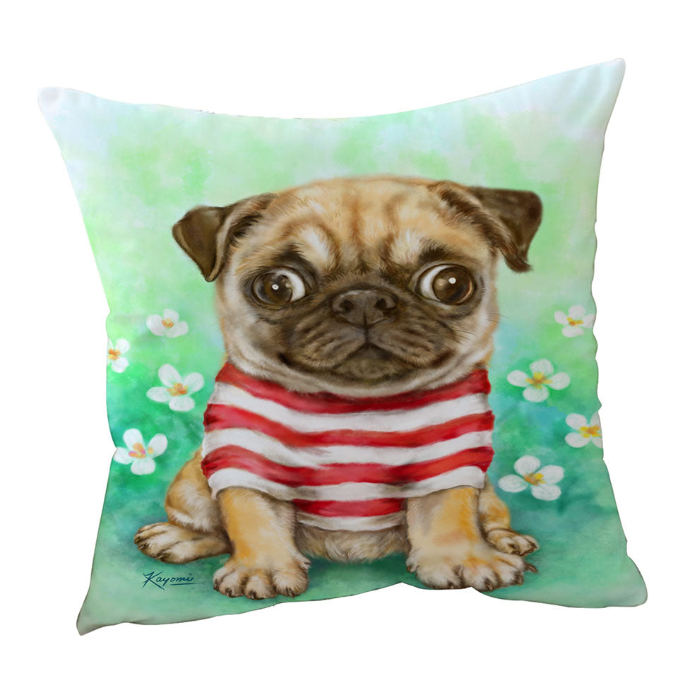 Pug Throw Pillow with Striped Cute Pug Dog in Daisy Flower Garden
