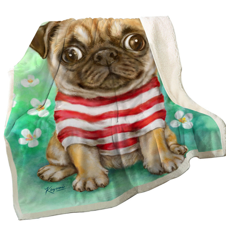 Pug Throws with Striped Cute Pug Dog in Daisy Flower Garden
