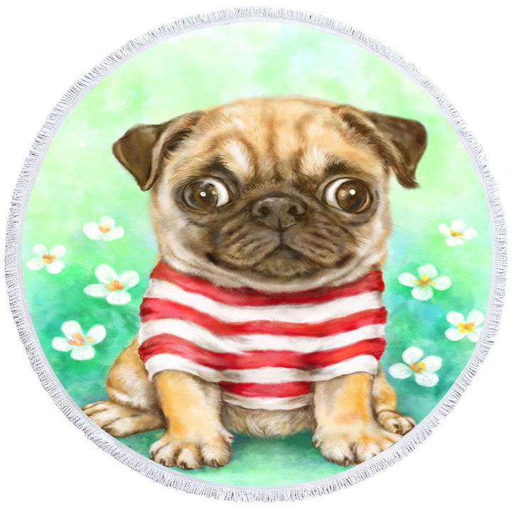 Pug Travel Beach Towel with Striped Cute Pug Dog in Daisy Flower Garden