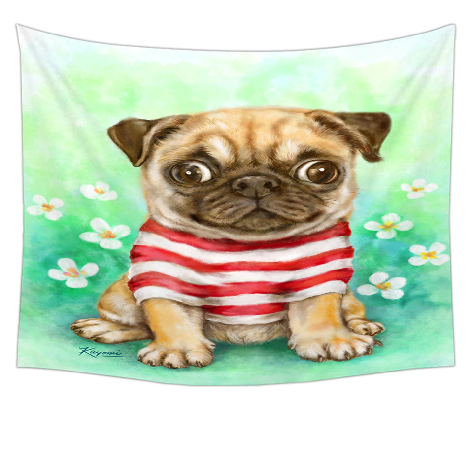 Pug Wall Decor with Striped Cute Pug Dog in Daisy Flower Garden Tapestry