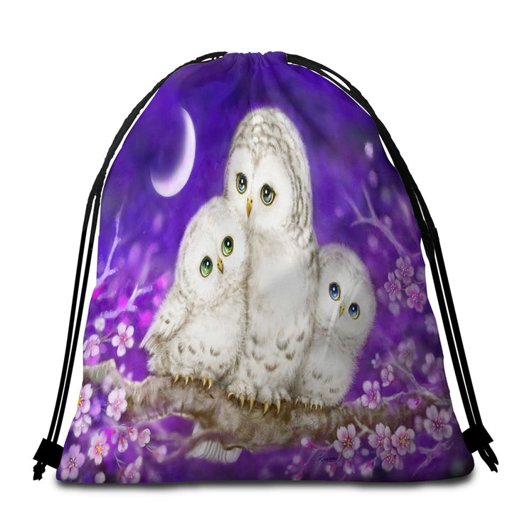 Purple Beach Towel Bags Floral Art Owl Family
