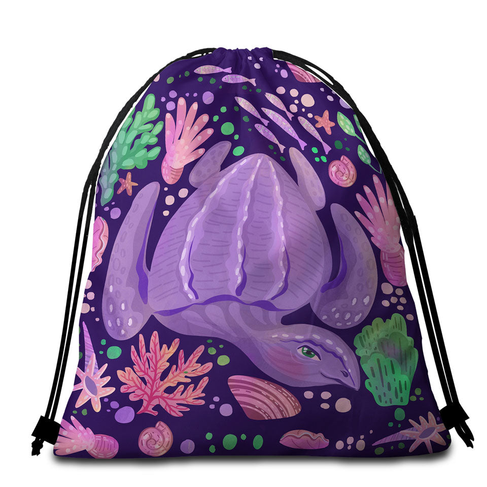 Purple Beach Towel Bags Underwater World and Pretty Turtle
