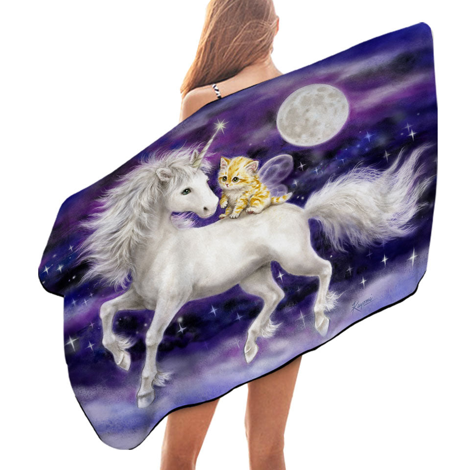 Purple Beach Towels Space Unicorn and Ginger Kitten