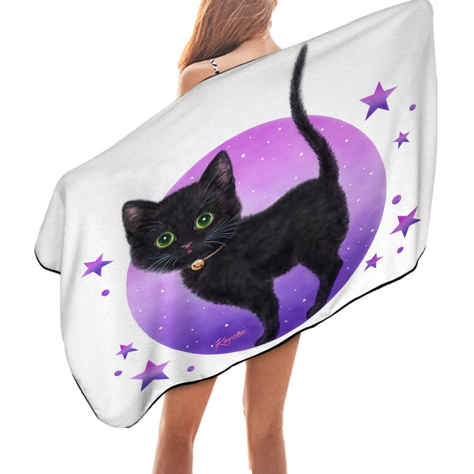 Purple Beach Towels Stars Full Moon and Black Kitty Cat