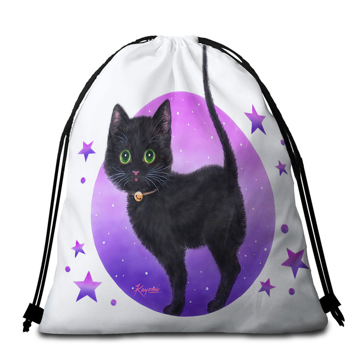 Purple Beach Towels and Bags Set Stars Full Moon and Black Kitty Cat