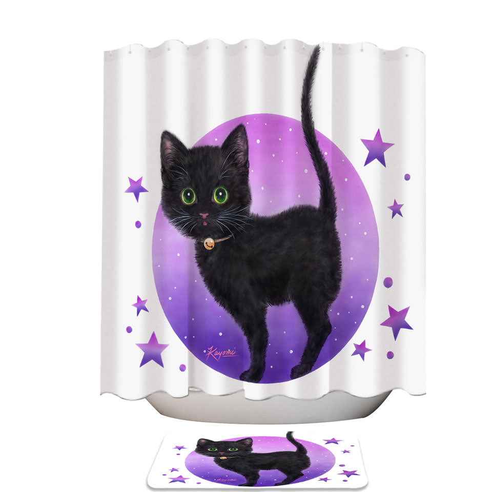 Purple Fabric Shower Curtains Stars Full Moon and Black Kitty Cat