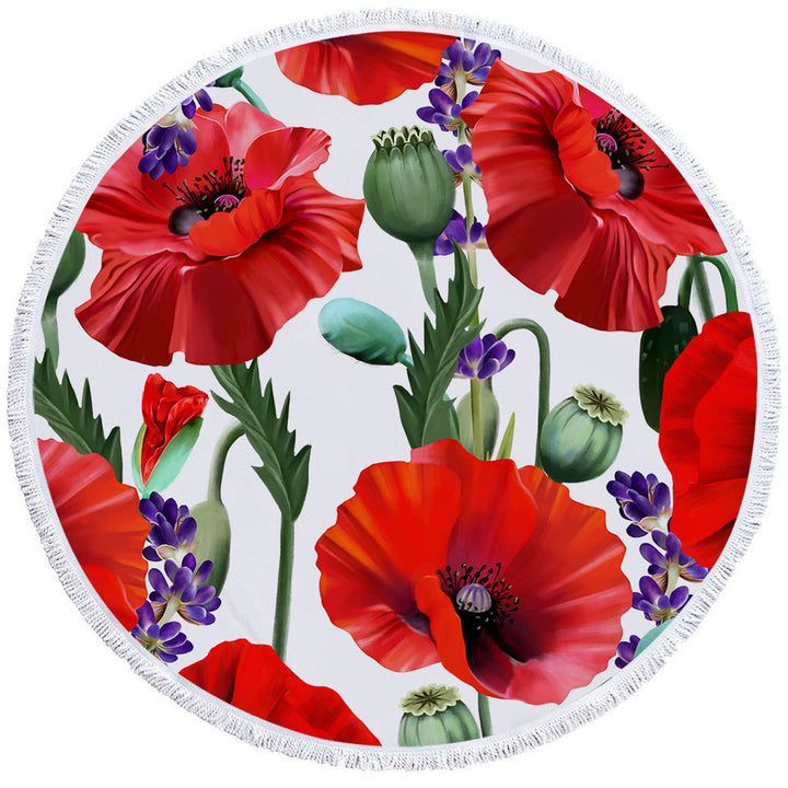 Purple Lavender and Red Poppy Flowers Beach Towels