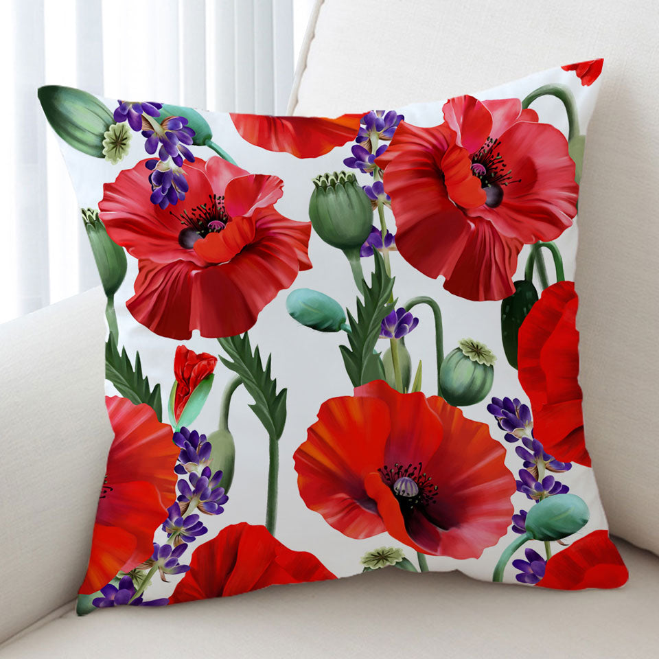 Purple Lavender and Red Poppy Flowers Decorative Pillows