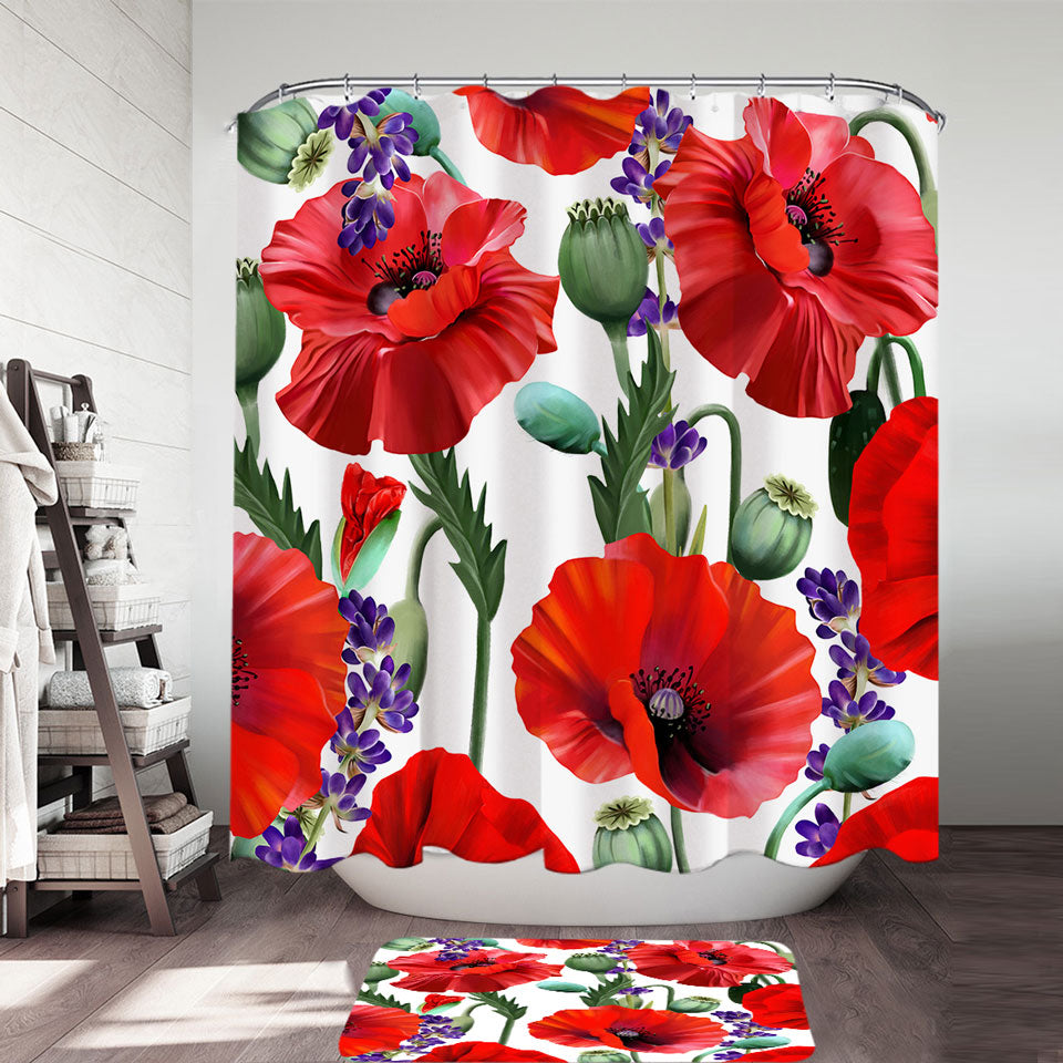 Purple Lavender and Red Poppy Flowers Fabric Shower Curtains
