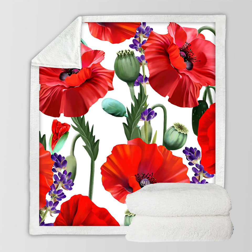 Purple Lavender and Red Poppy Flowers Sofa Blankets