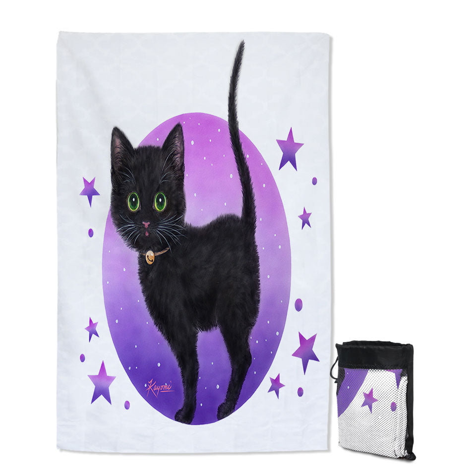 Purple Lightweight Beach Towel Stars Full Moon and Black Kitty Cat