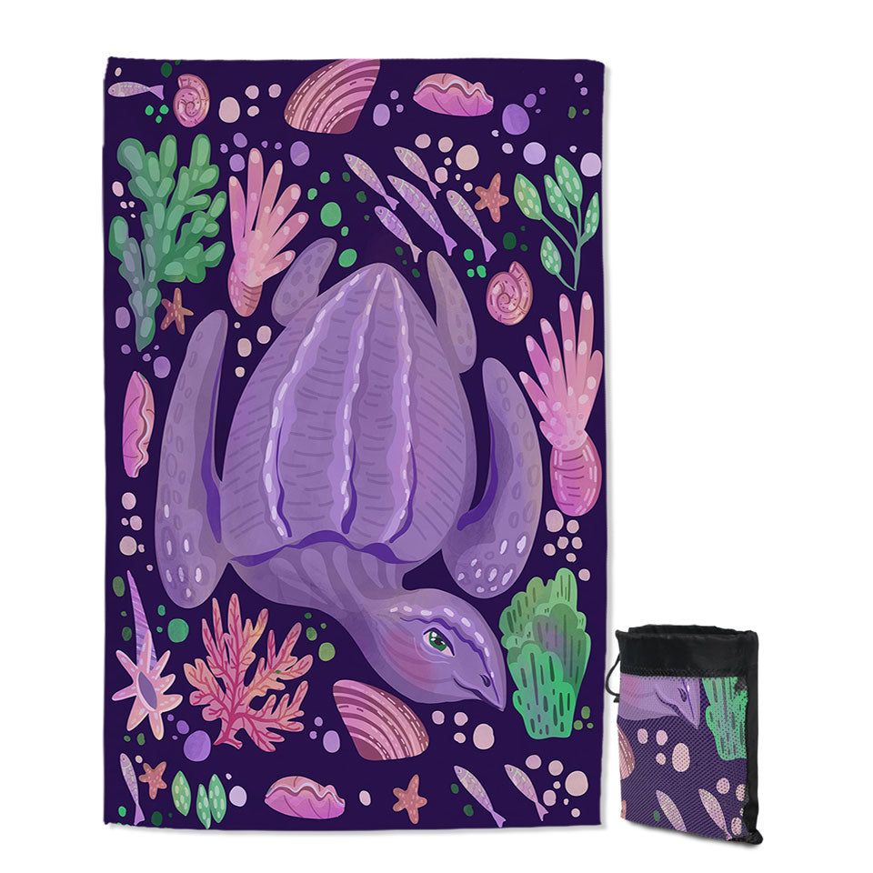 Purple Lightweight Beach Towel Underwater World and Pretty Turtle