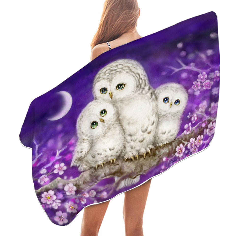 Purple Microfiber Beach Towel Floral Art Owl Family