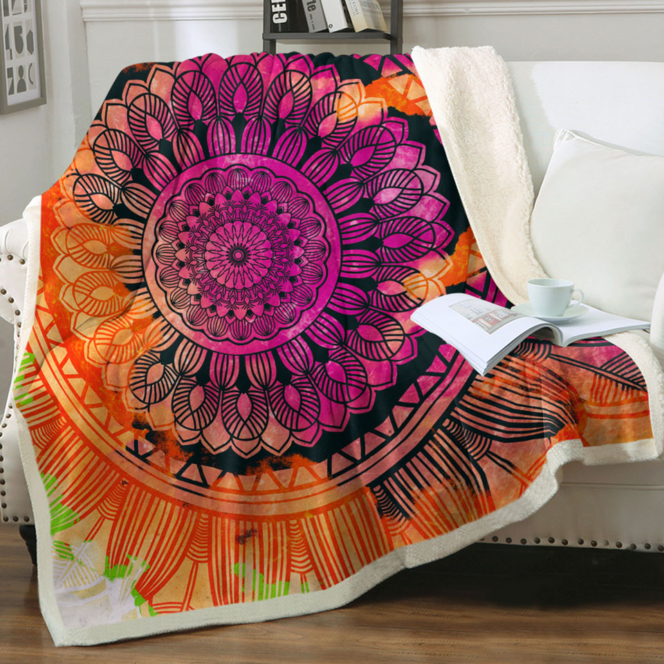 Purple Orange Mandala Throw Blanket