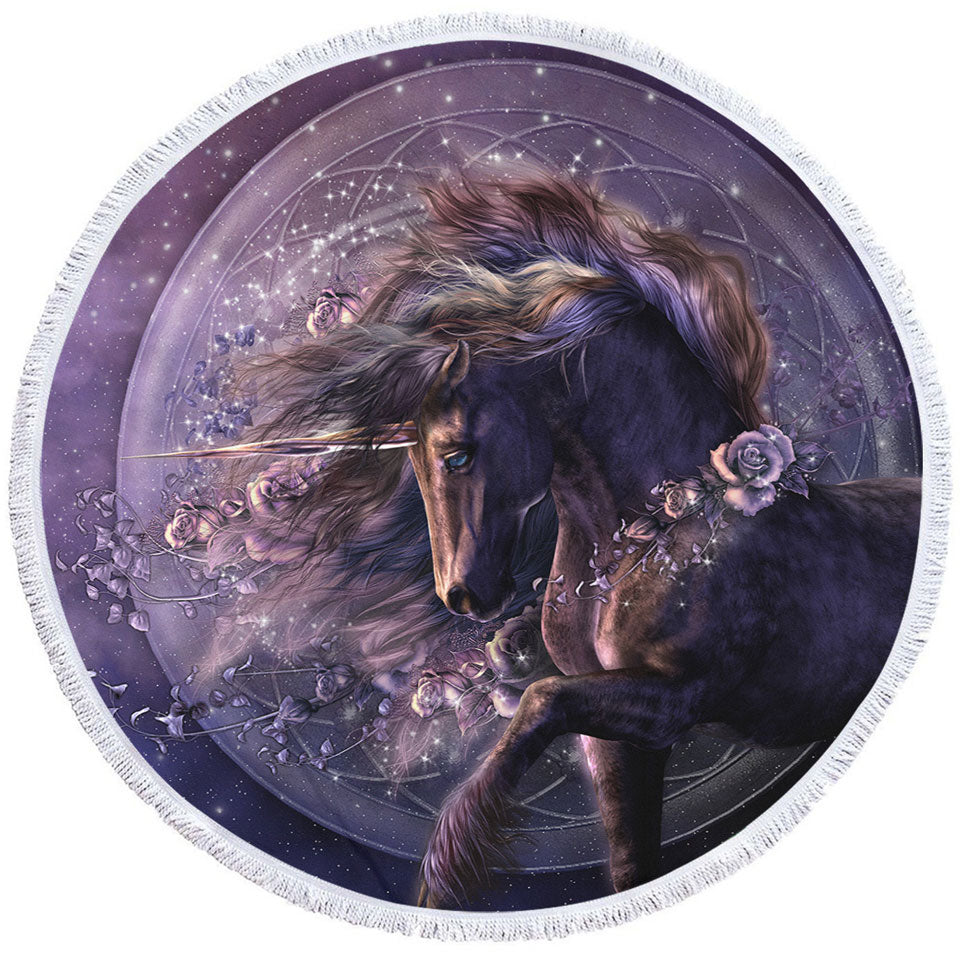 Purple Roses and the Black Rose Horse Round Beach Towel