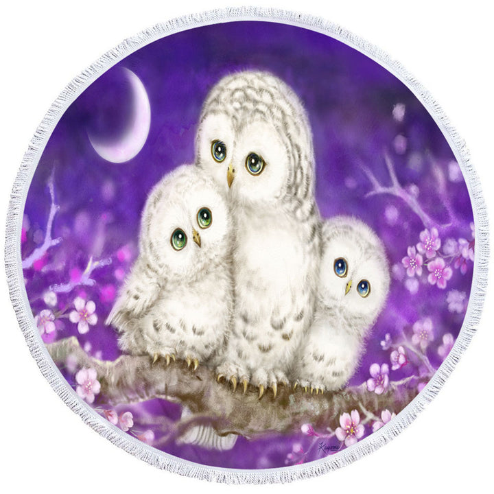 Purple Round Beach Towel Floral Art Owl Family