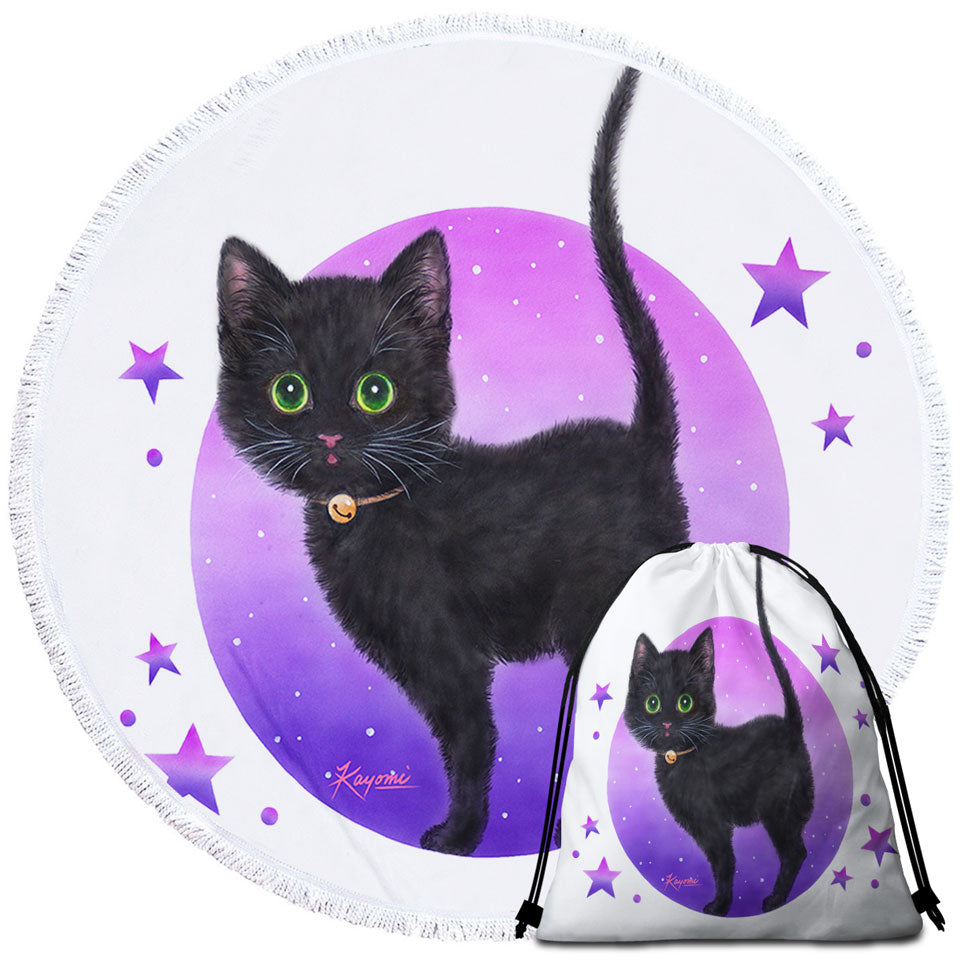Purple Round Beach Towel Stars Full Moon and Black Kitty Cat