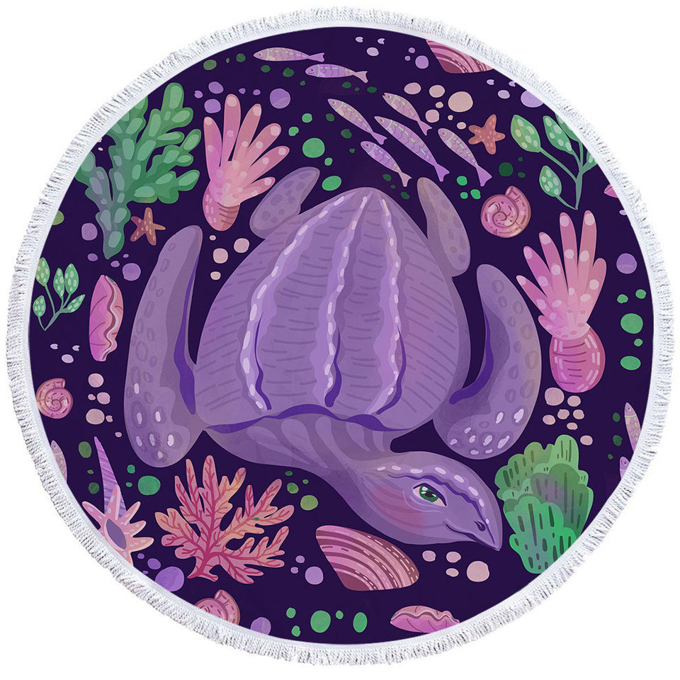 Purple Round Beach Towel Underwater World and Pretty Turtle