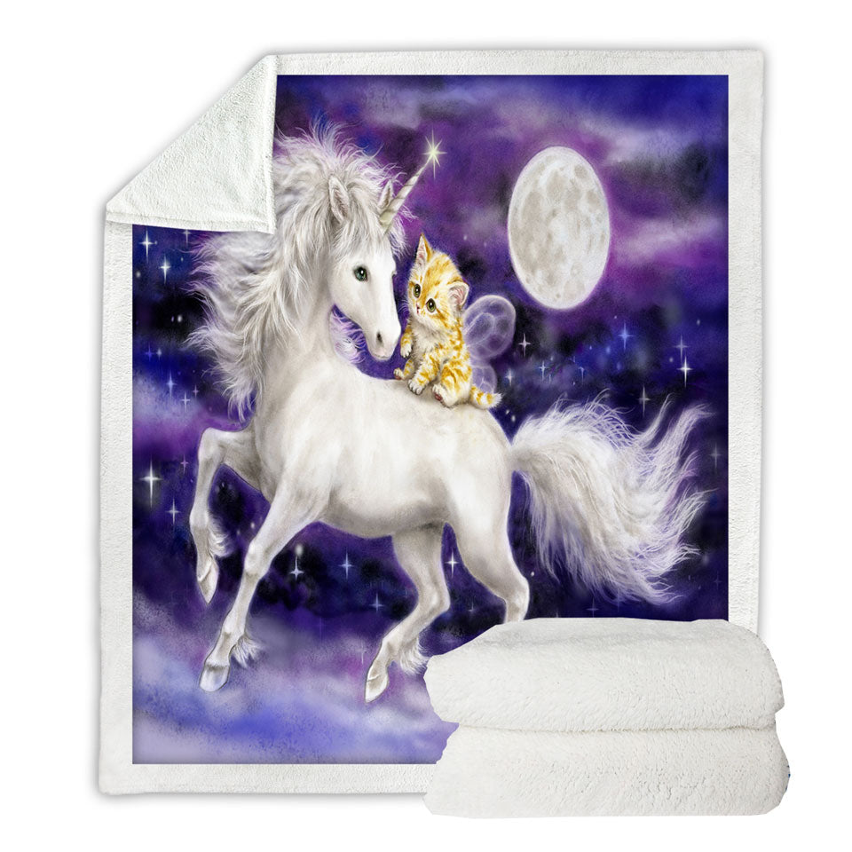 Purple Sherpa Blanket Space Unicorn and Ginger Kitten