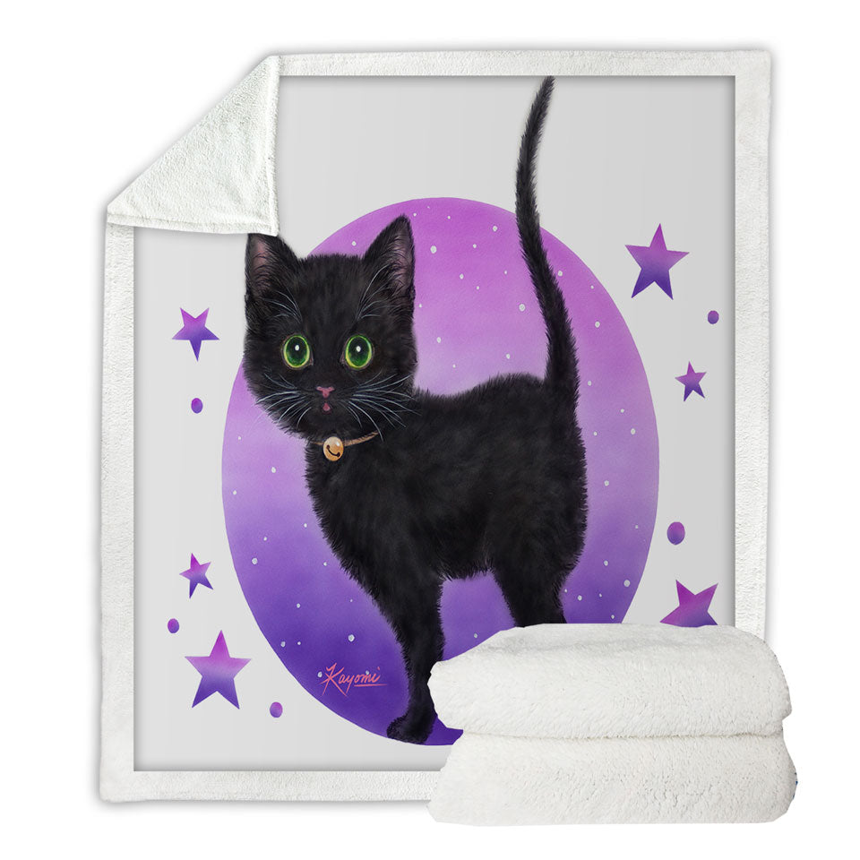Purple Sherpa Blanket Stars Full Moon and Black Kitty Cat