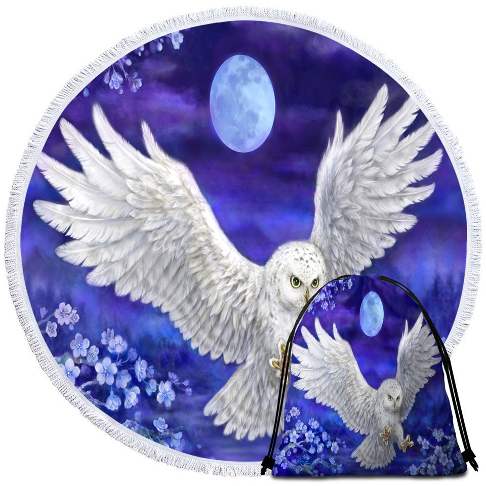 Purple Skies Moon Flowers and White Owl Beach Towels and Bags Set