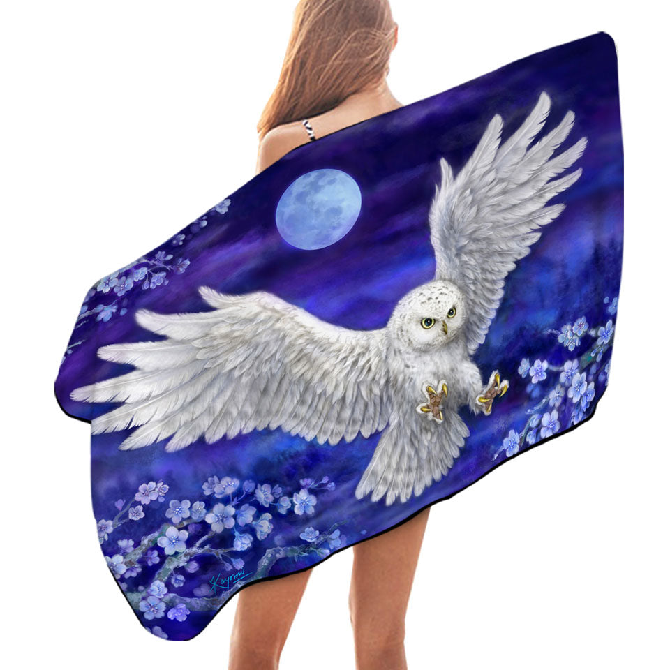 Purple Skies Moon Flowers and White Owl Beach Towels