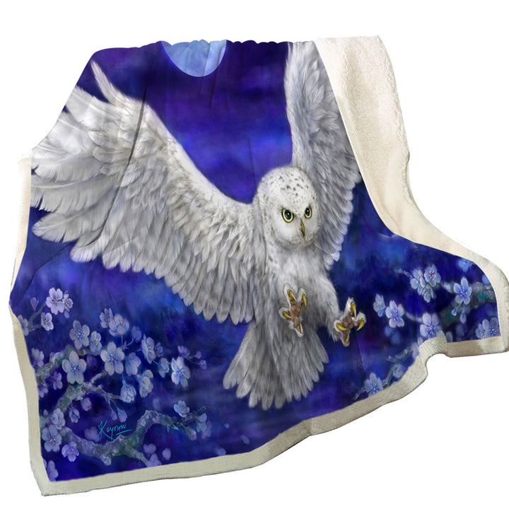 Purple Skies Moon Flowers and White Owl Fleece Blankets