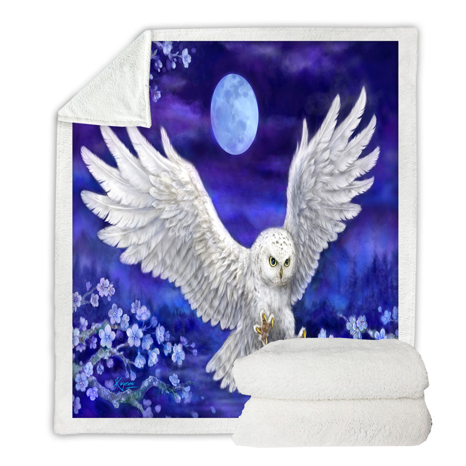 Purple Skies Moon Flowers and White Owl Throw Blanket