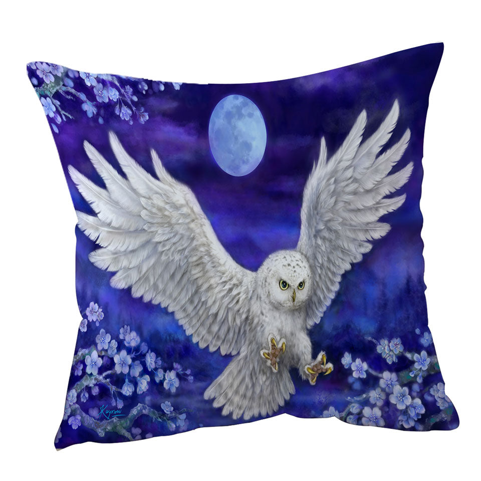 Purple Skies Moon Flowers and White Owl Throw Pillow