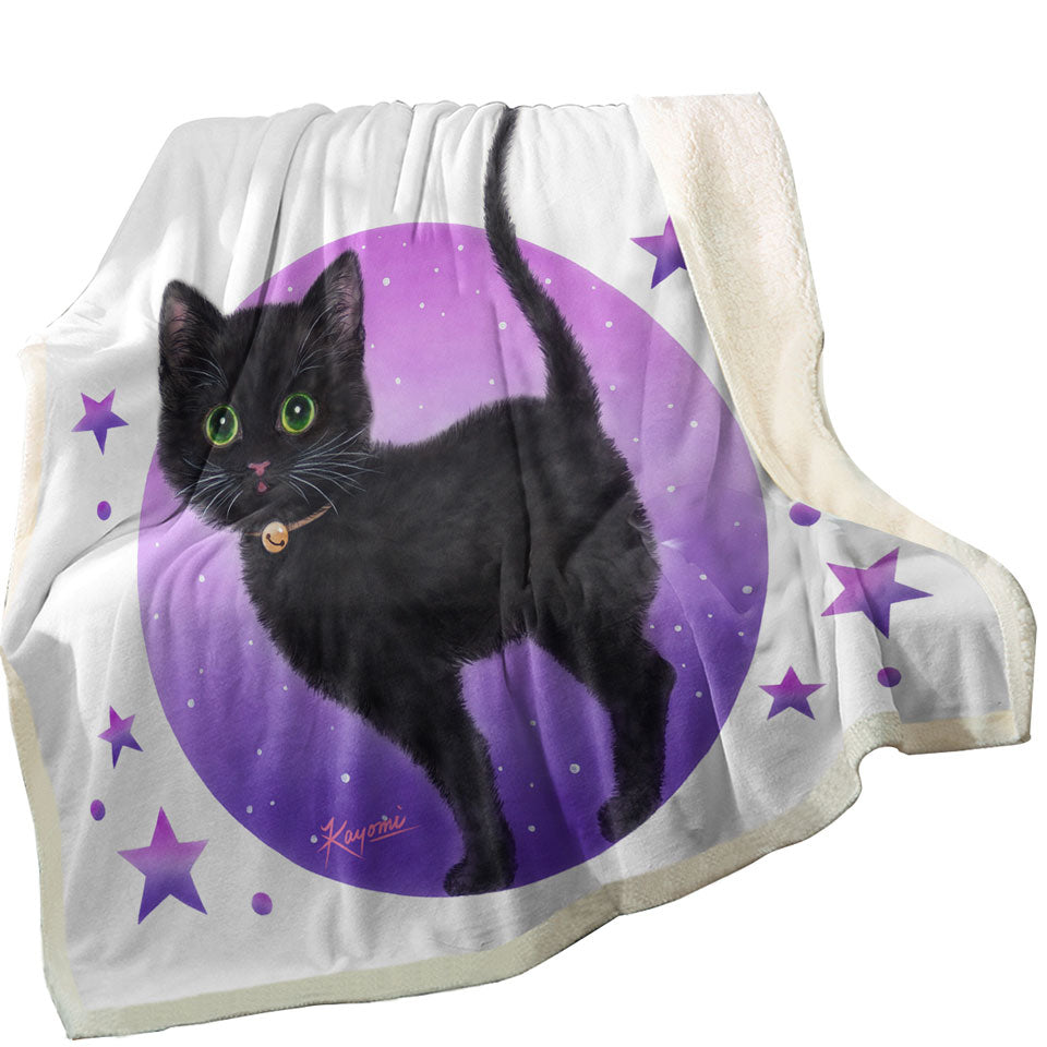 Purple Sofa Blankets Stars Full Moon and Black Kitty Cat