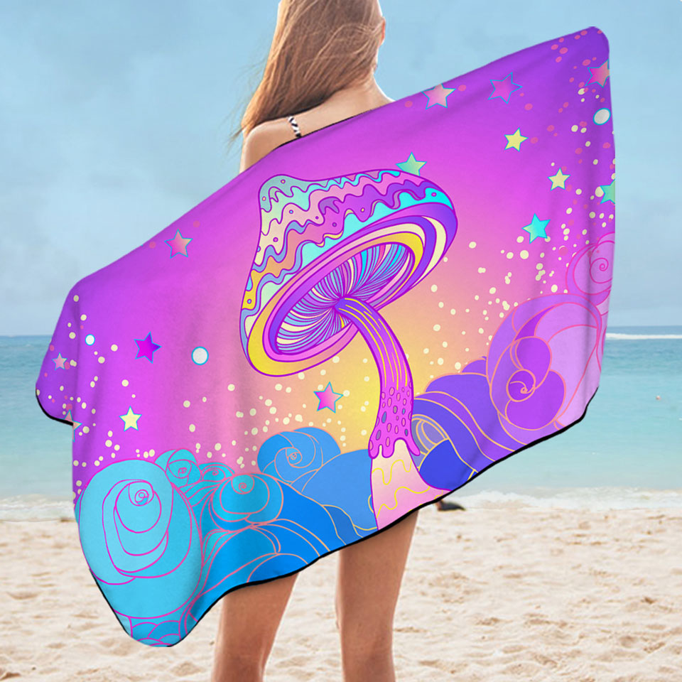 Purple Stars and Mushroom Beach Towel