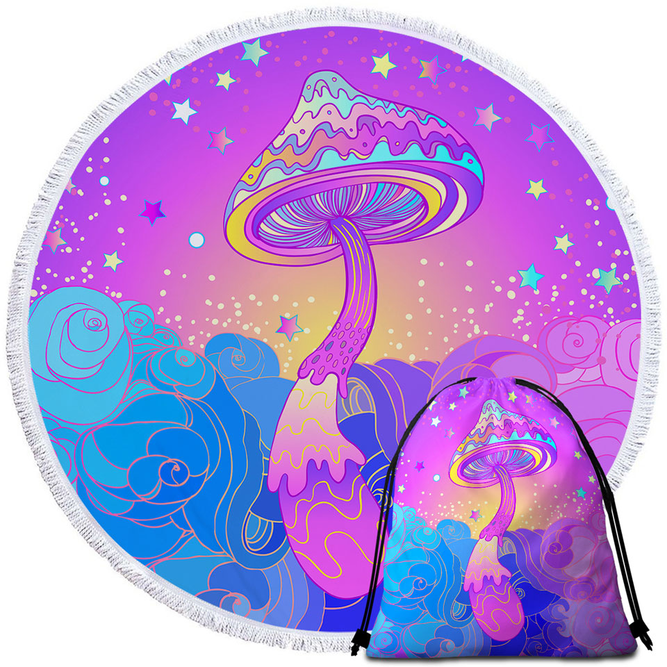 Purple Stars and Mushroom Circle Beach Towel