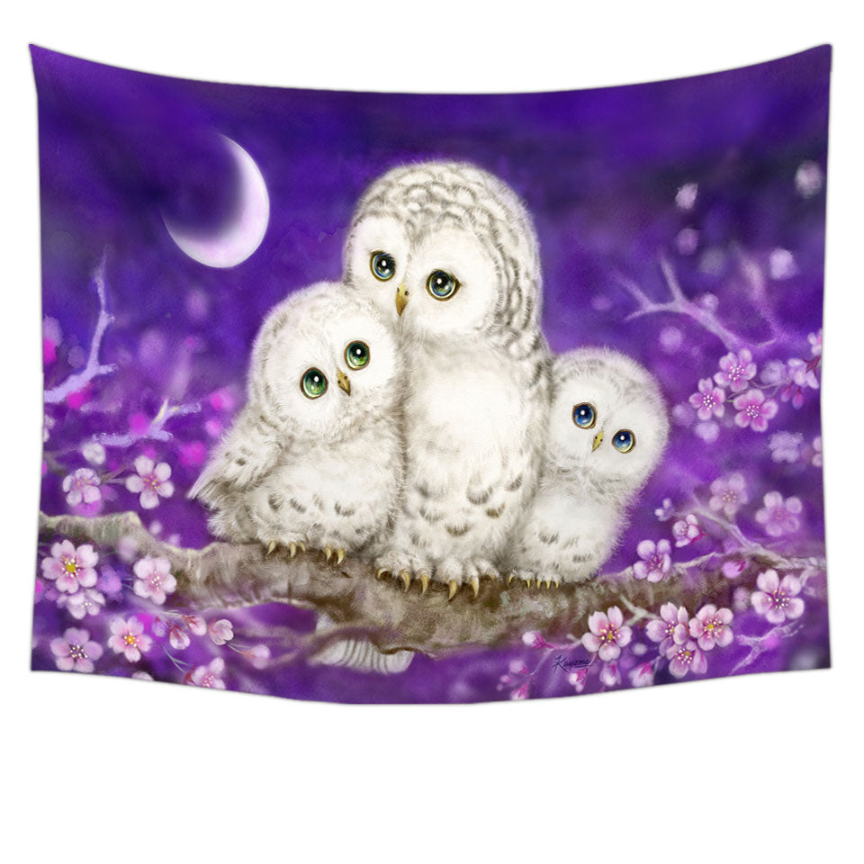 Purple Tapestry Floral Art Owl Family