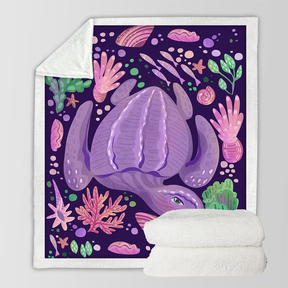 Purple Throw Blanket Underwater World and Pretty Turtle