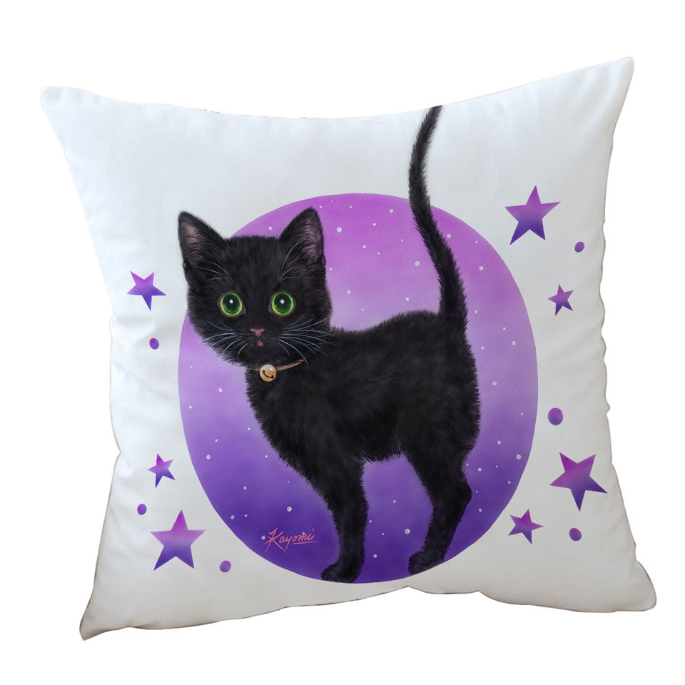 Purple Throw Pillows with Stars Full Moon and Black Kitty Cat